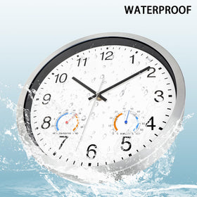 Caysie clock side view showing weatherproof aluminum frame for outdoors.