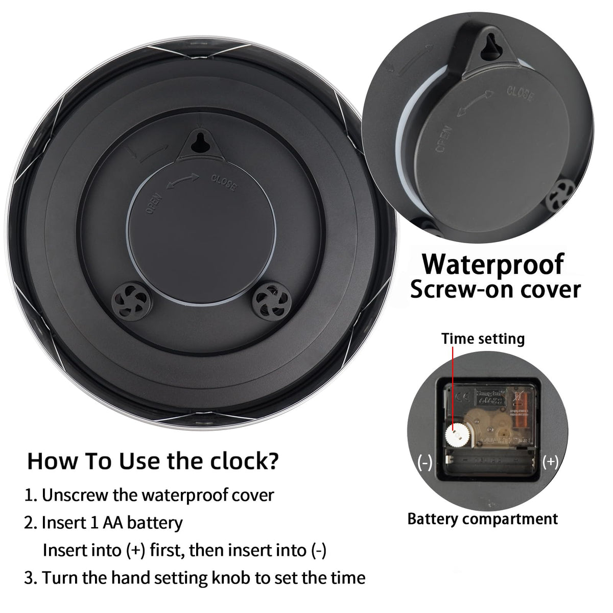 Caysie clock back with hanging slot for simple wall mounting.