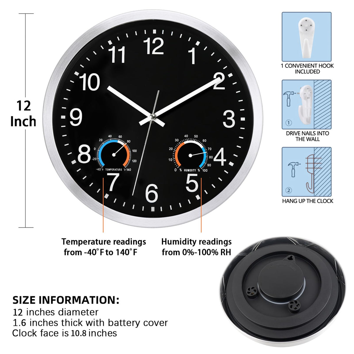 Caysie clock with large white numerals for easy reading from distance.