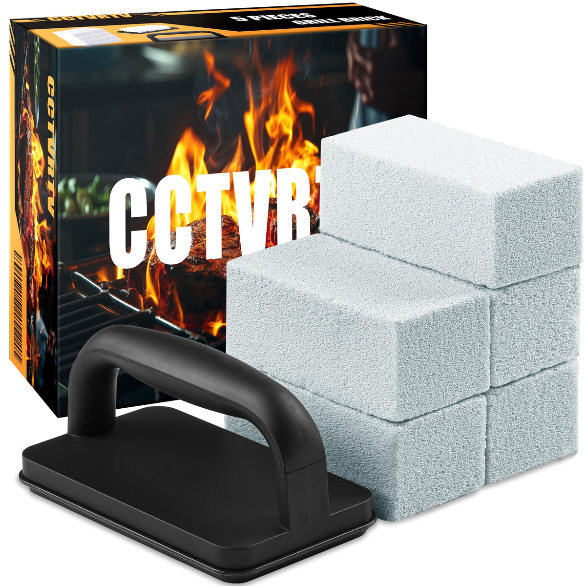 CCTVRTV heavy-duty griddle cleaning brick with handle in use for safe grill cleaning.