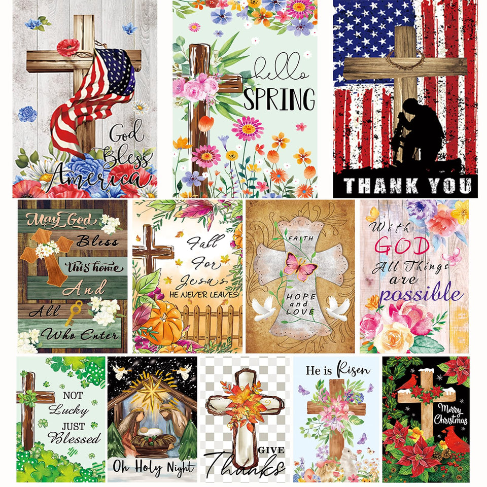 CDLong Christian seasonal flags on a porch display for year-round curb appeal.
