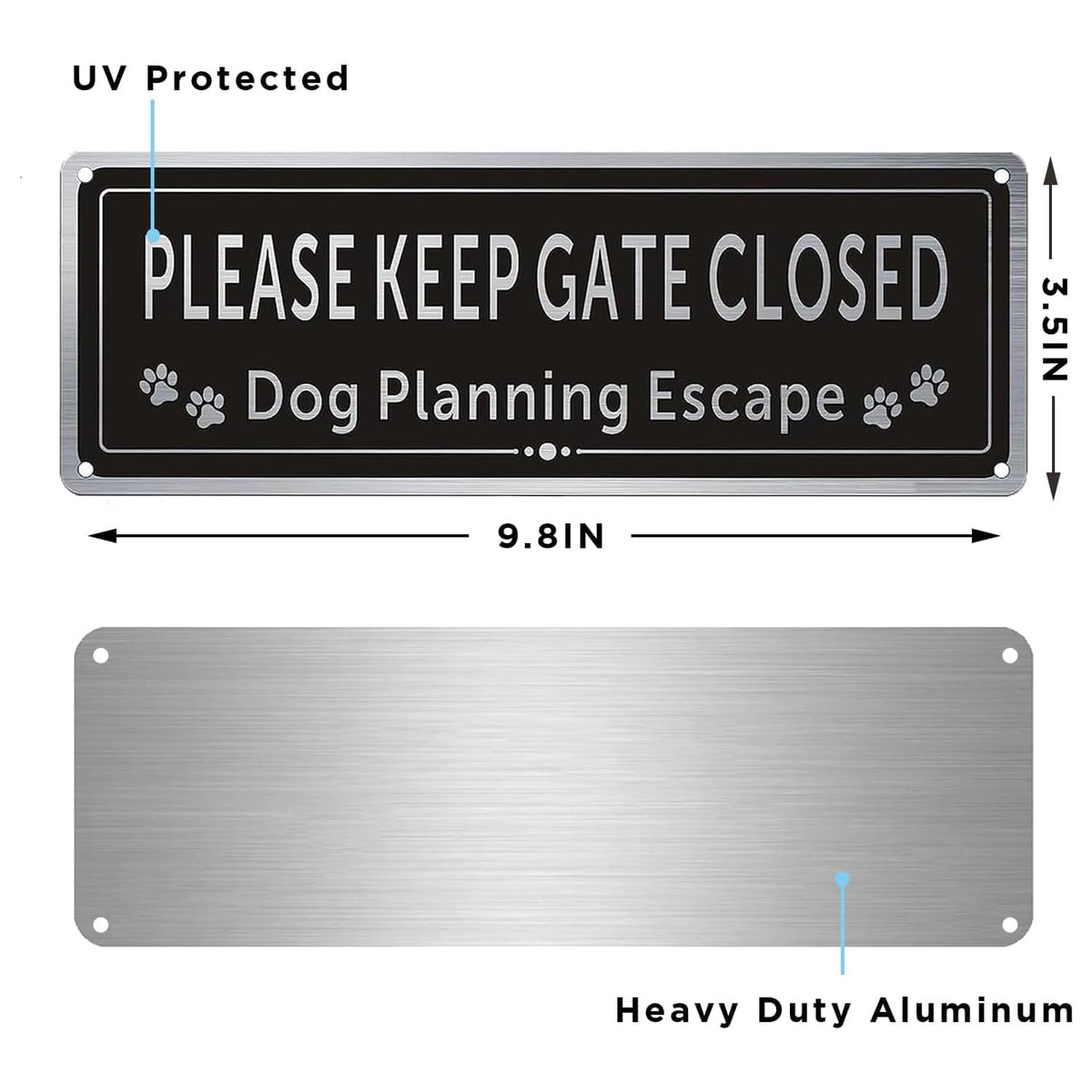 CDXHOME brushed aluminium gate sign close-up emphasizes durable, weather-resistant construction.