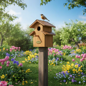 CEDAR ALPHA bluebird house cedar wood body with natural insulation.