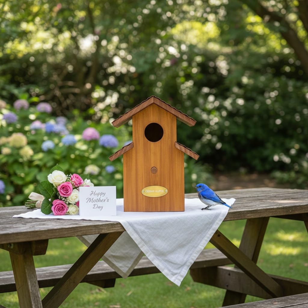 CEDAR ALPHA bluebird house with metal roof protects against elements.