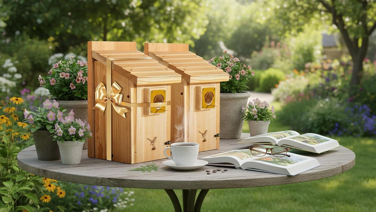 CEDAR ALPHA Bluebird House side view highlights solid wood walls and durable construction for outdoor use