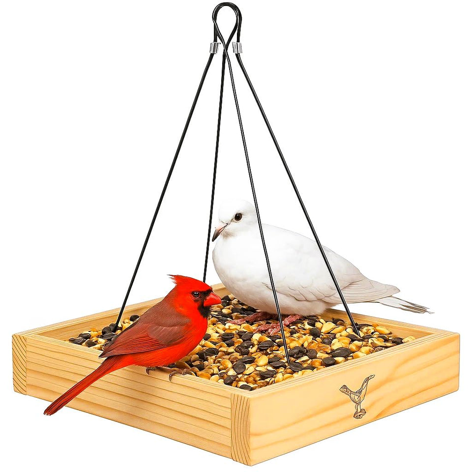 CEDAR ALPHA cedar wood platform tray feeder—front view showing durable outdoor use for fruit and seed.