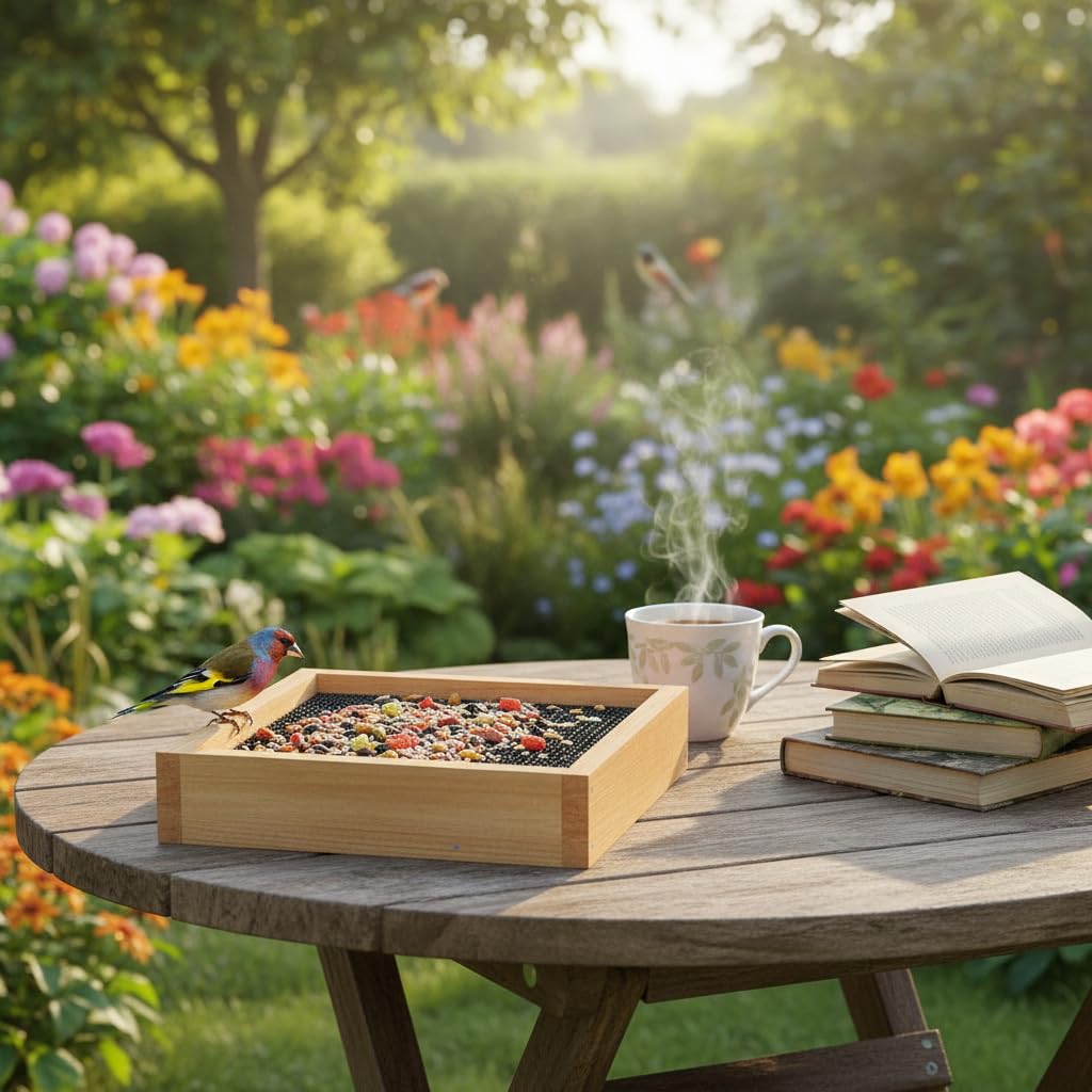 CEDAR ALPHA cedar wood tray feeder—hanging design suitable for balconies or trees.