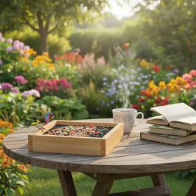 CEDAR ALPHA cedar wood tray feeder—hanging design suitable for balconies or trees.