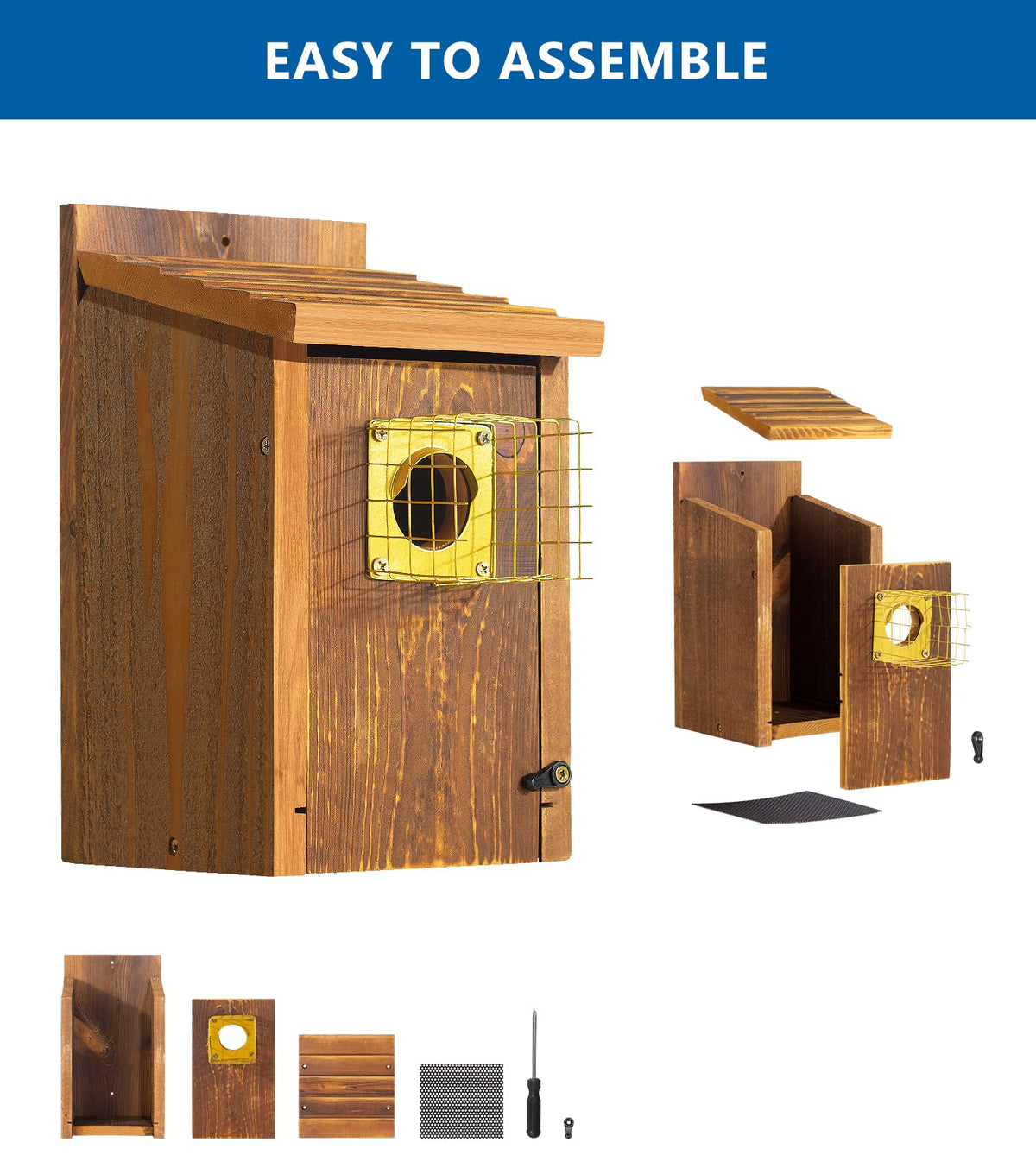 Fortress Bluebird House in a garden setting attracting multiple small birds.