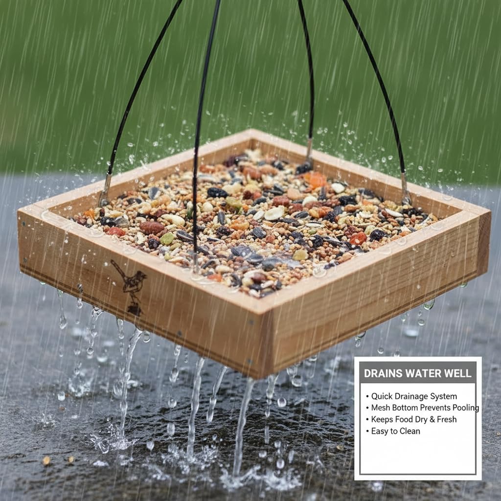 CEDAR ALPHA mesh bottom keeps seeds dry and fresh for birds.