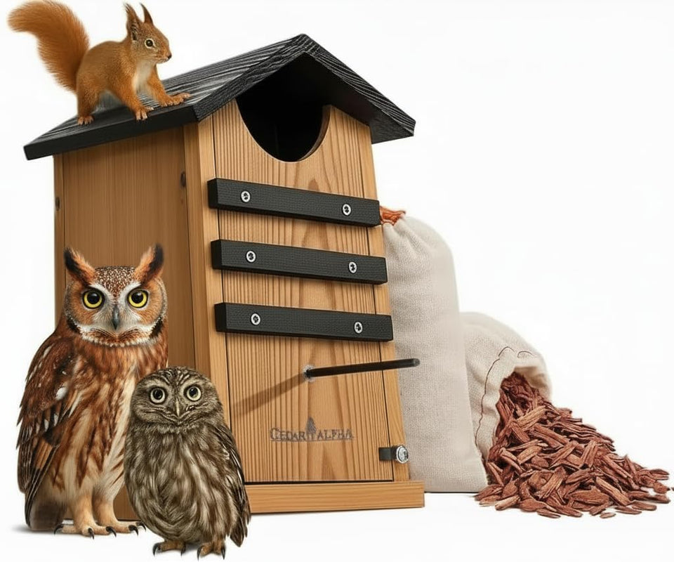 CEDAR ALPHA screech owl house close-up shows durable cedar for outdoor nesting.