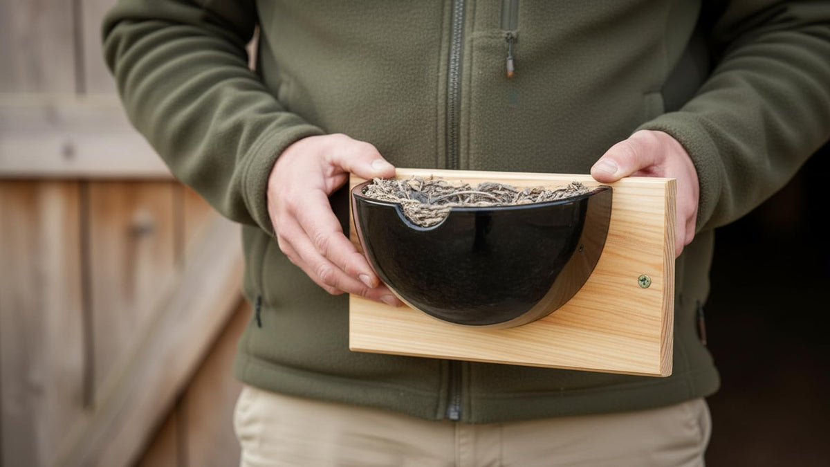 CEDAR ALPHA Swallow Nest Box under roof provides sheltered nesting for birds.