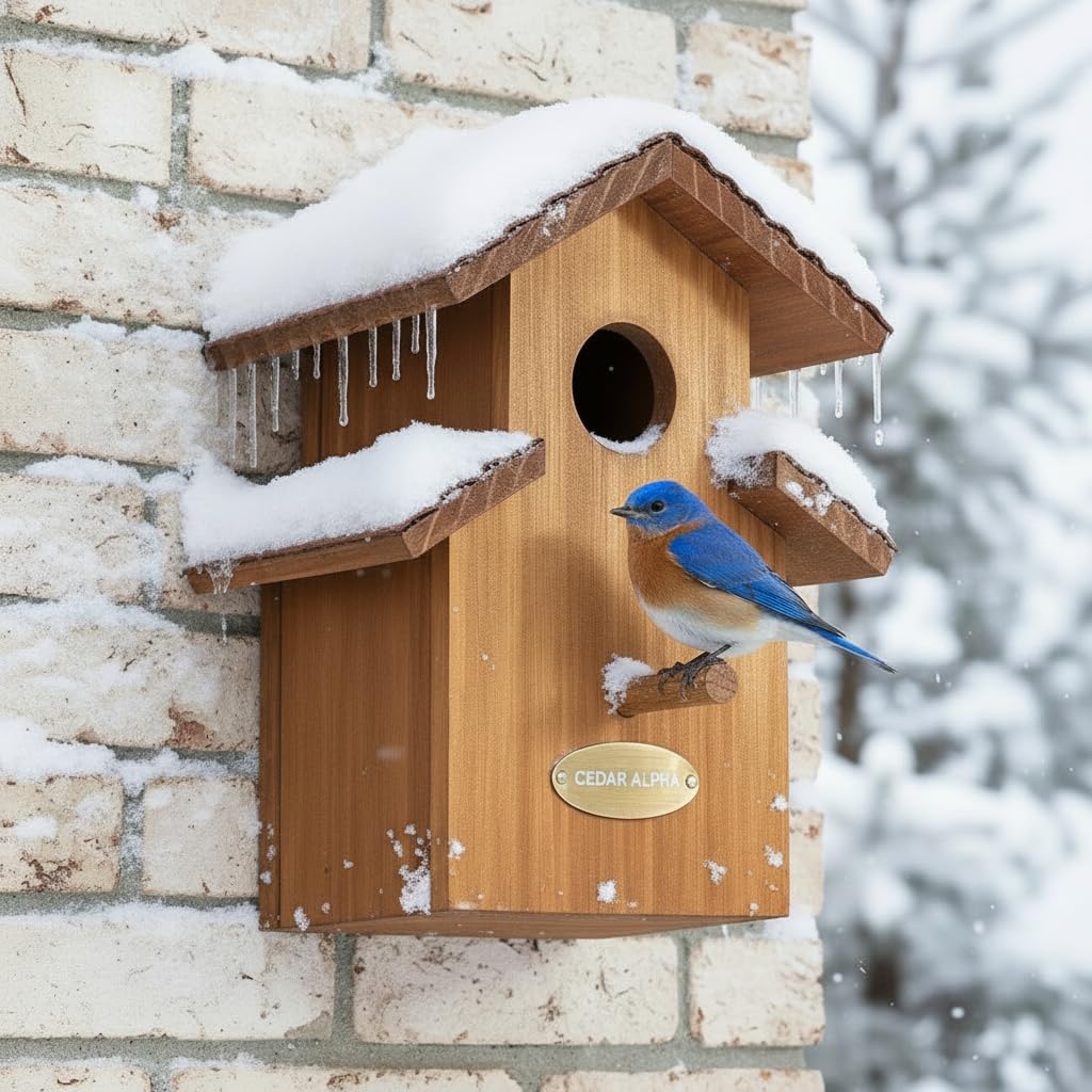 CEDAR ALPHA water-proof bluebird house outdoor setup for year-round nesting.