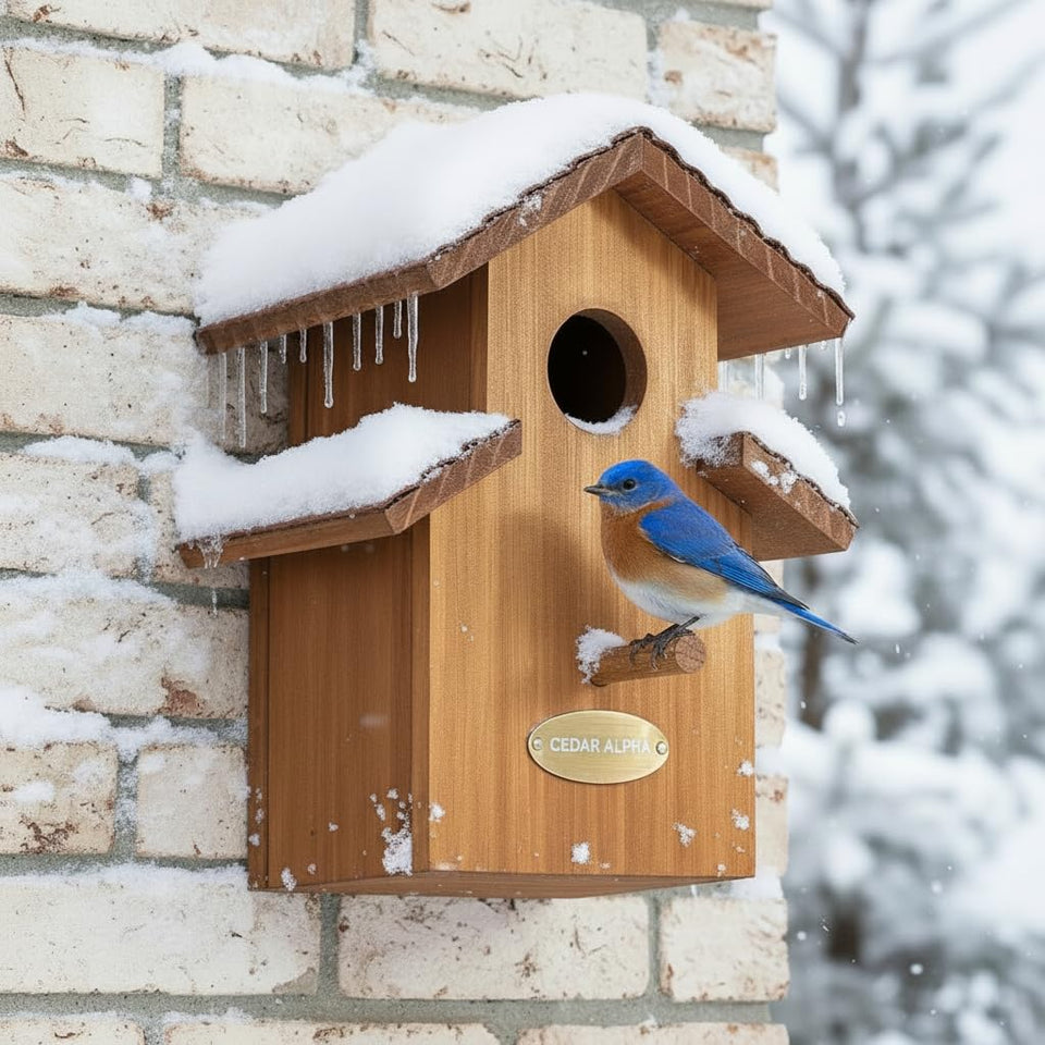 CEDAR ALPHA water-proof bluebird house outdoor setup for year-round nesting.
