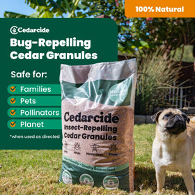Cedarcide Original Cedar Granules lawn coverage provides broad-area deterrence.