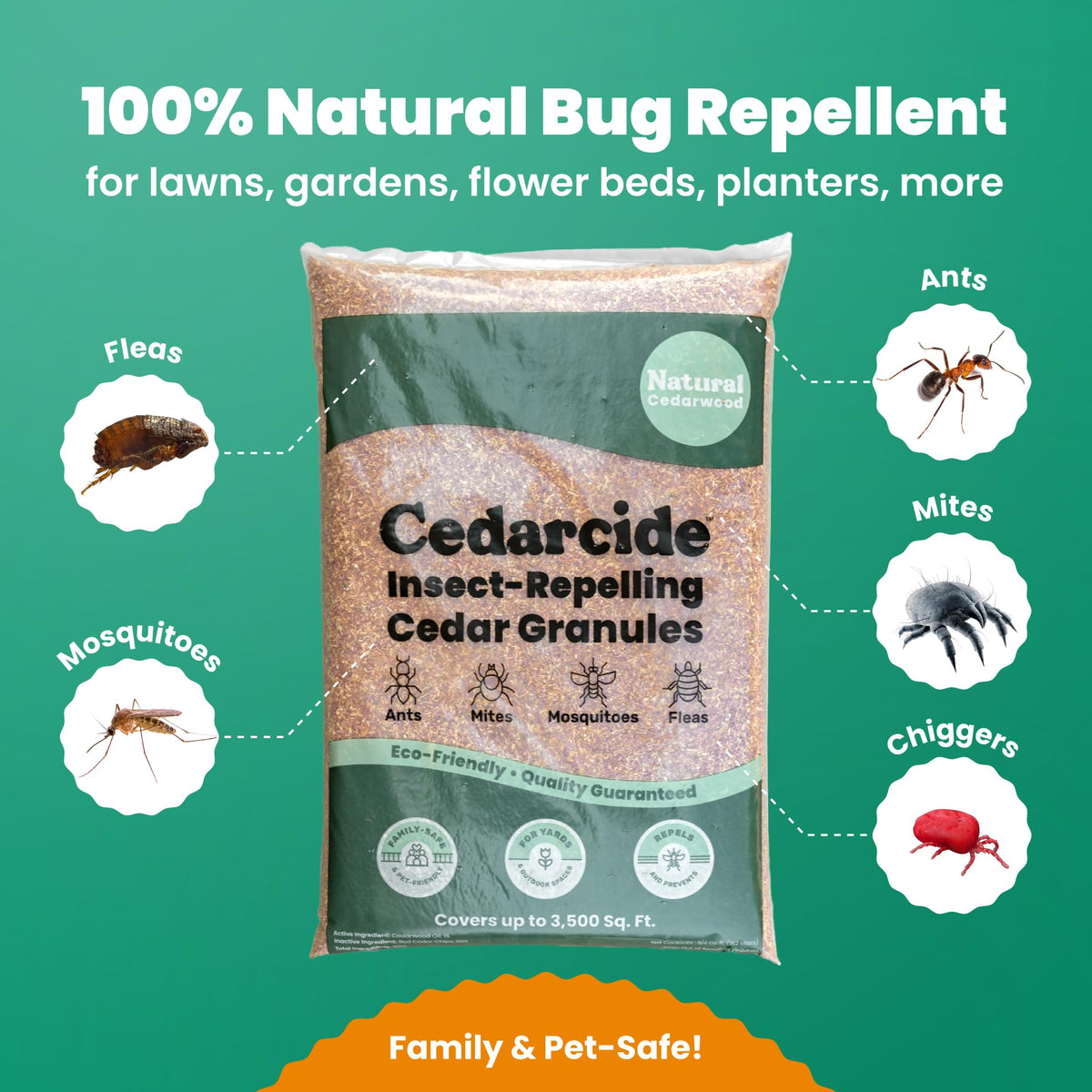 Cedarcide Original Cedar Granules on patio for family-friendly outdoor protection.