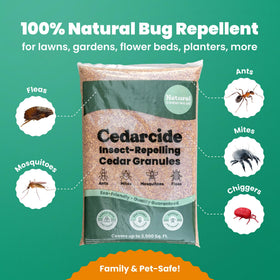 Cedarcide Original Cedar Granules on patio for family-friendly outdoor protection.