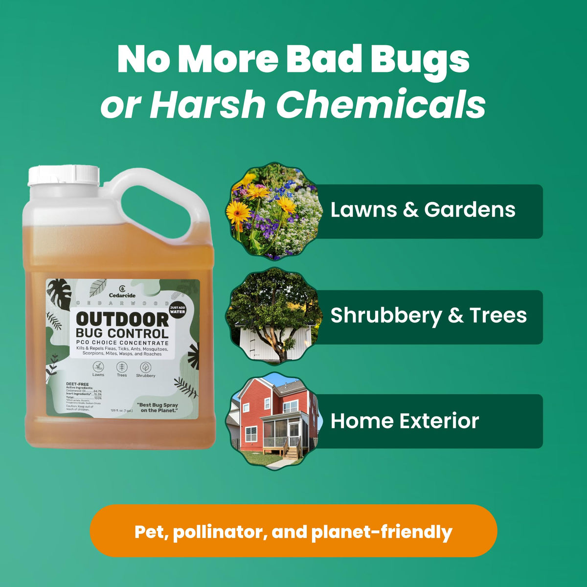 Cedarcide Outdoor Bug Spray with cedar-lemongrass aroma provides natural deterrence.