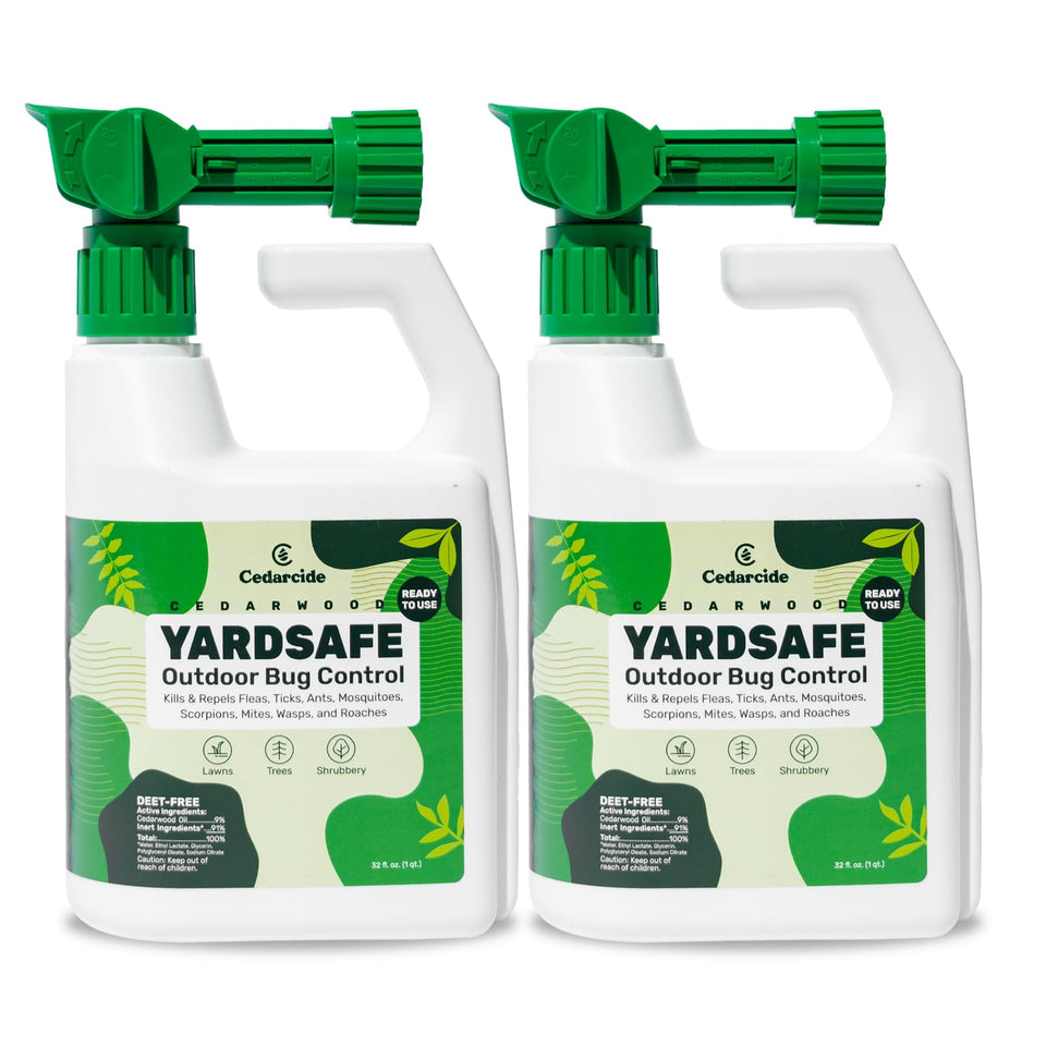 Cedarcide YardSafe bottle close-up shows cedar and lemongrass formula for outdoor protection