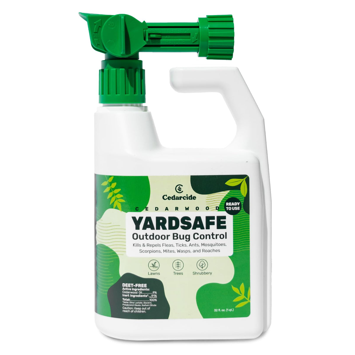 Cedarcide YardSafe bottle-front with cedar-lemongrass formula for outdoor protection.