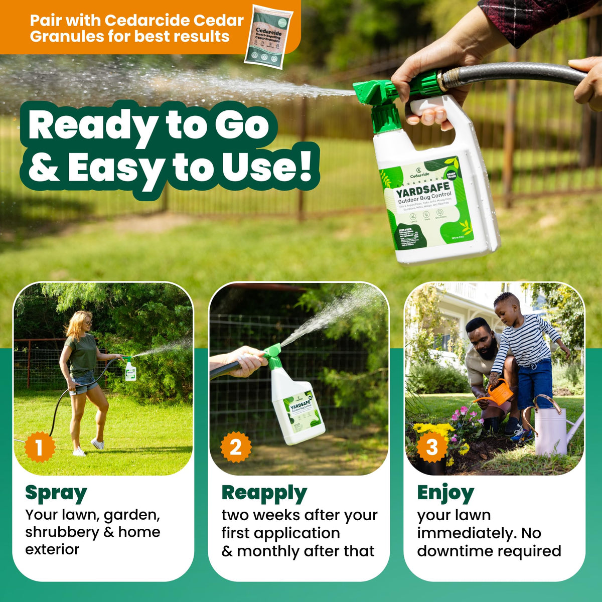 Cedarcide YardSafe on garden scene guarding patio from insects.