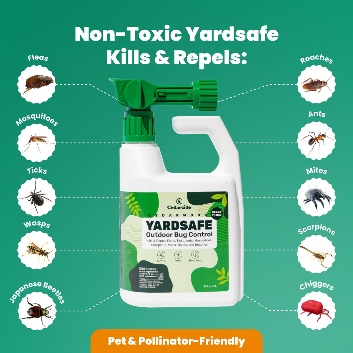 Cedarcide YardSafe hose attachment in use for quick lawn pest control.