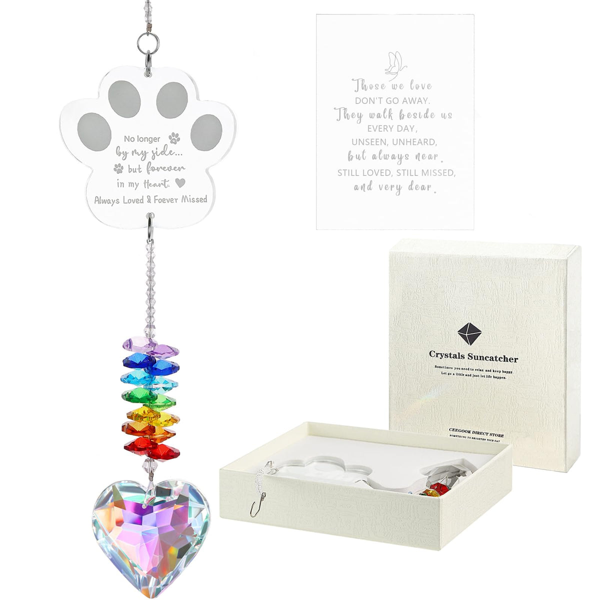 Ceegook dog memorial crystal suncatcher paw creates rainbow reflections in sunlight to comfort memories.