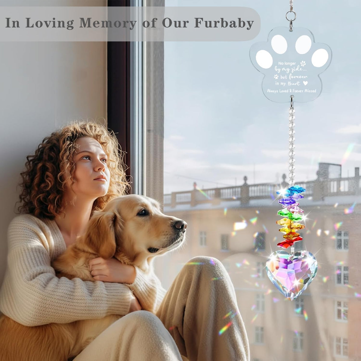 Ceegook dog memorial crystal suncatcher invites reflection and comfort as sunlight shifts.