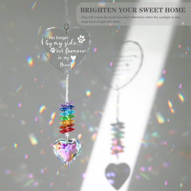 Ceegook dog memorial heart suncatcher closeup crystal showing prismatic colors.
