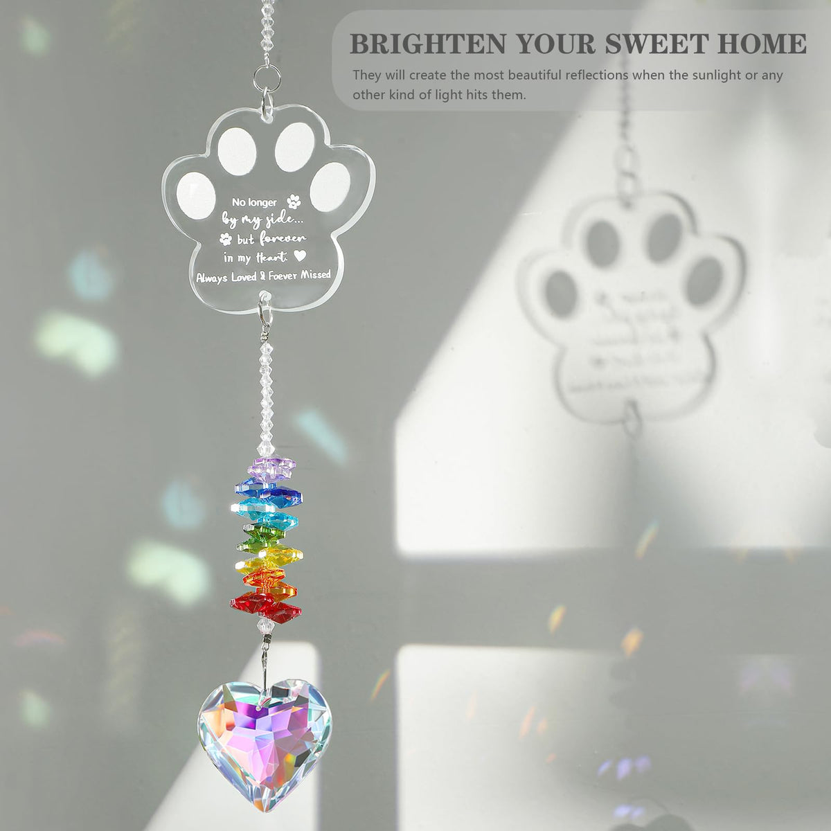 Ceegook pet loss suncatcher gift box with greeting card brightens a room.