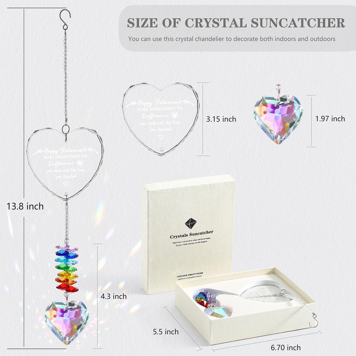 Ceegook heart crystal pendant forms colorful light patterns