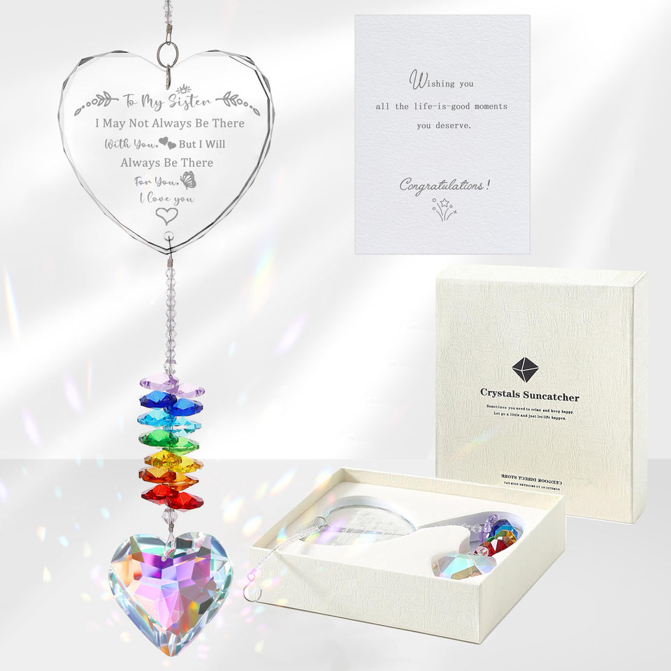 Ceegook sister crystal suncatcher with heart prisms creating colorful reflections.
