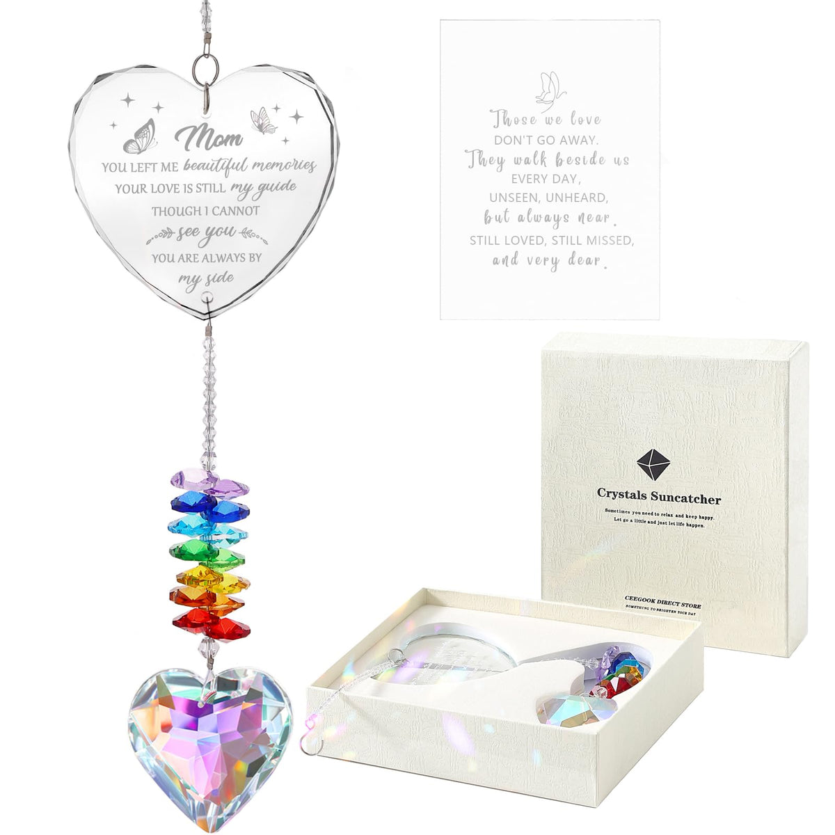 Ceegook heart crystal memorial suncatcher shines in sunlight, inviting warm memories.