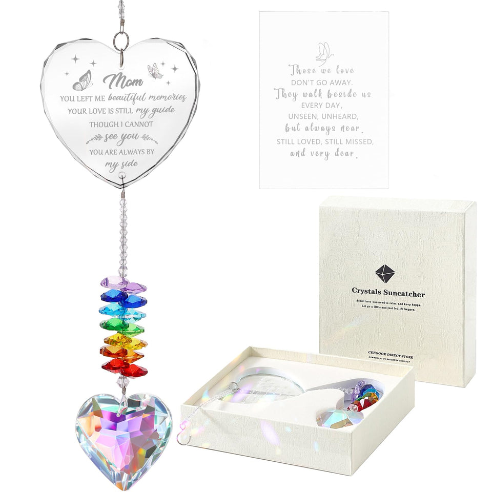 Ceegook heart crystal memorial suncatcher shines in sunlight, inviting warm memories.