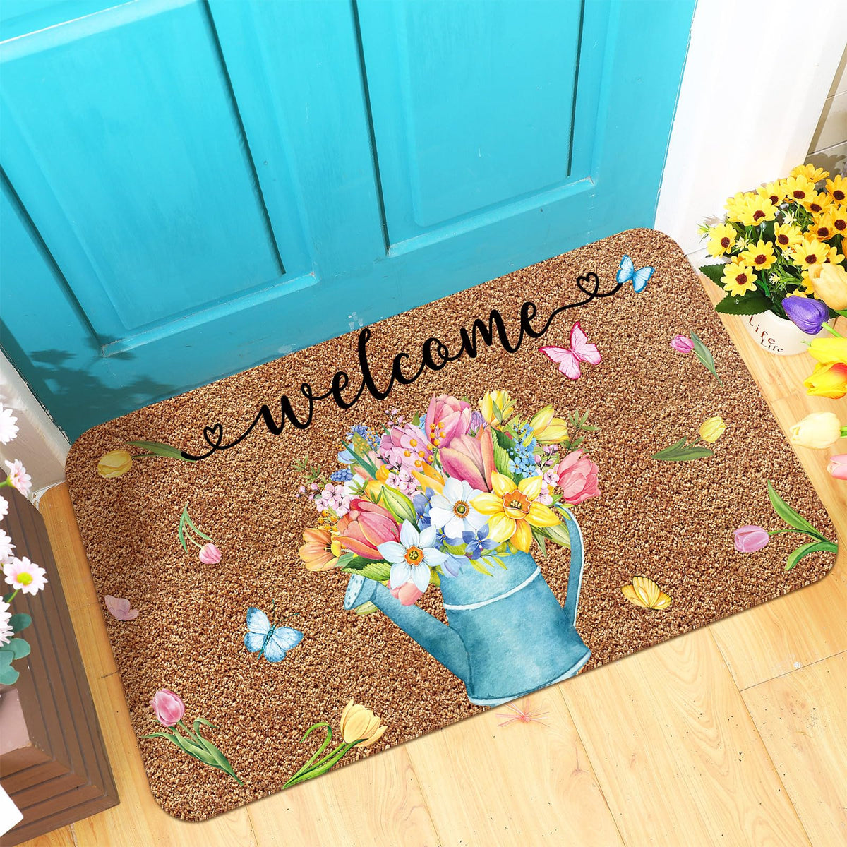 Ceenna coir doormat with tulip design welcomes guests at the entry