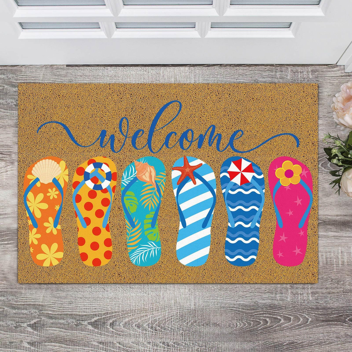 Ceenna summer flip flops doormat at front door showing dirt-trapping surface and welcoming tone