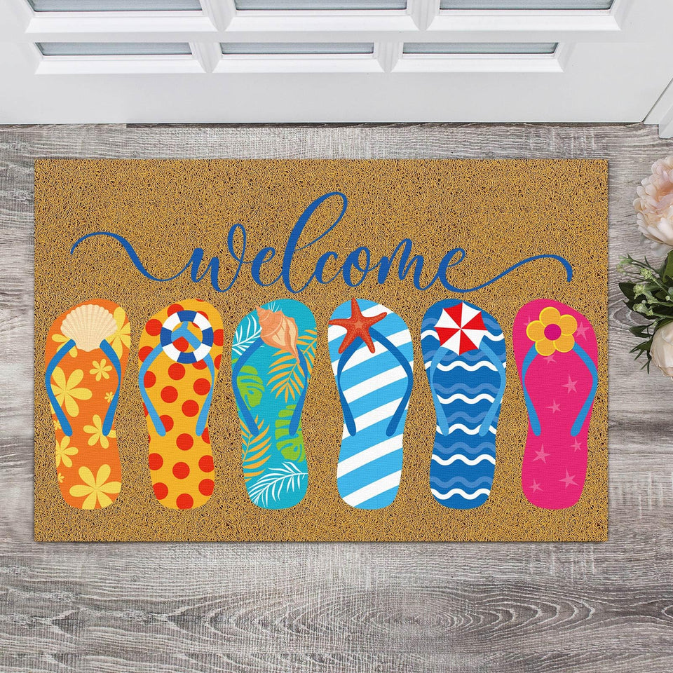 Ceenna summer flip flops doormat at front door showing dirt-trapping surface and welcoming tone