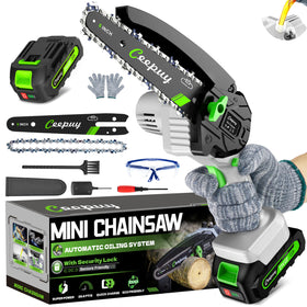 CEEPUY mini chainsaw showing 6-inch cutting power for fast yard work.