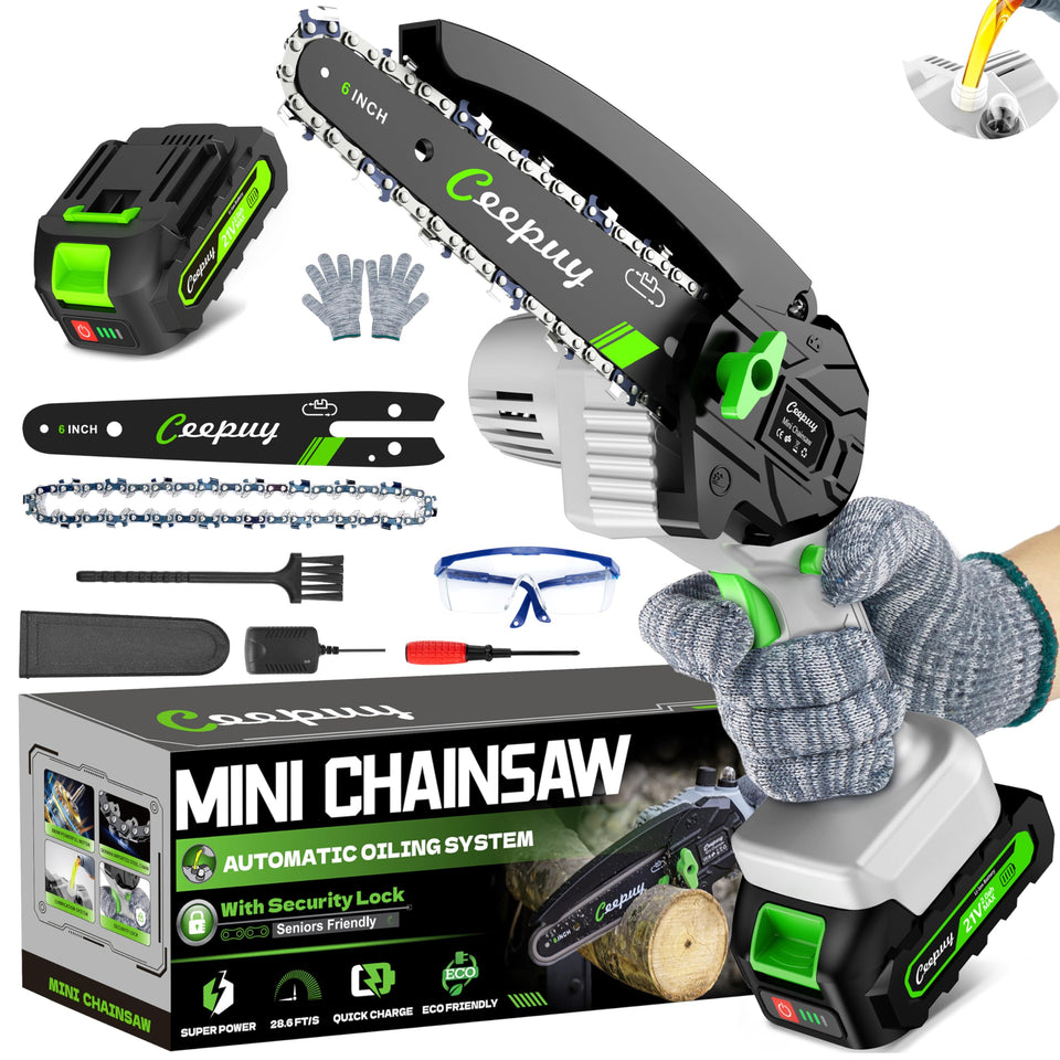 CEEPUY mini chainsaw showing 6-inch cutting power for fast yard work.
