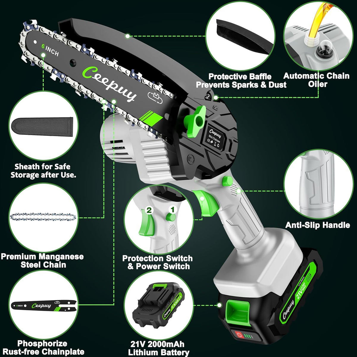CEEPUY mini chainsaw box contents including battery and charger for quick setup.