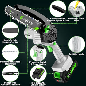 CEEPUY mini chainsaw box contents including battery and charger for quick setup.