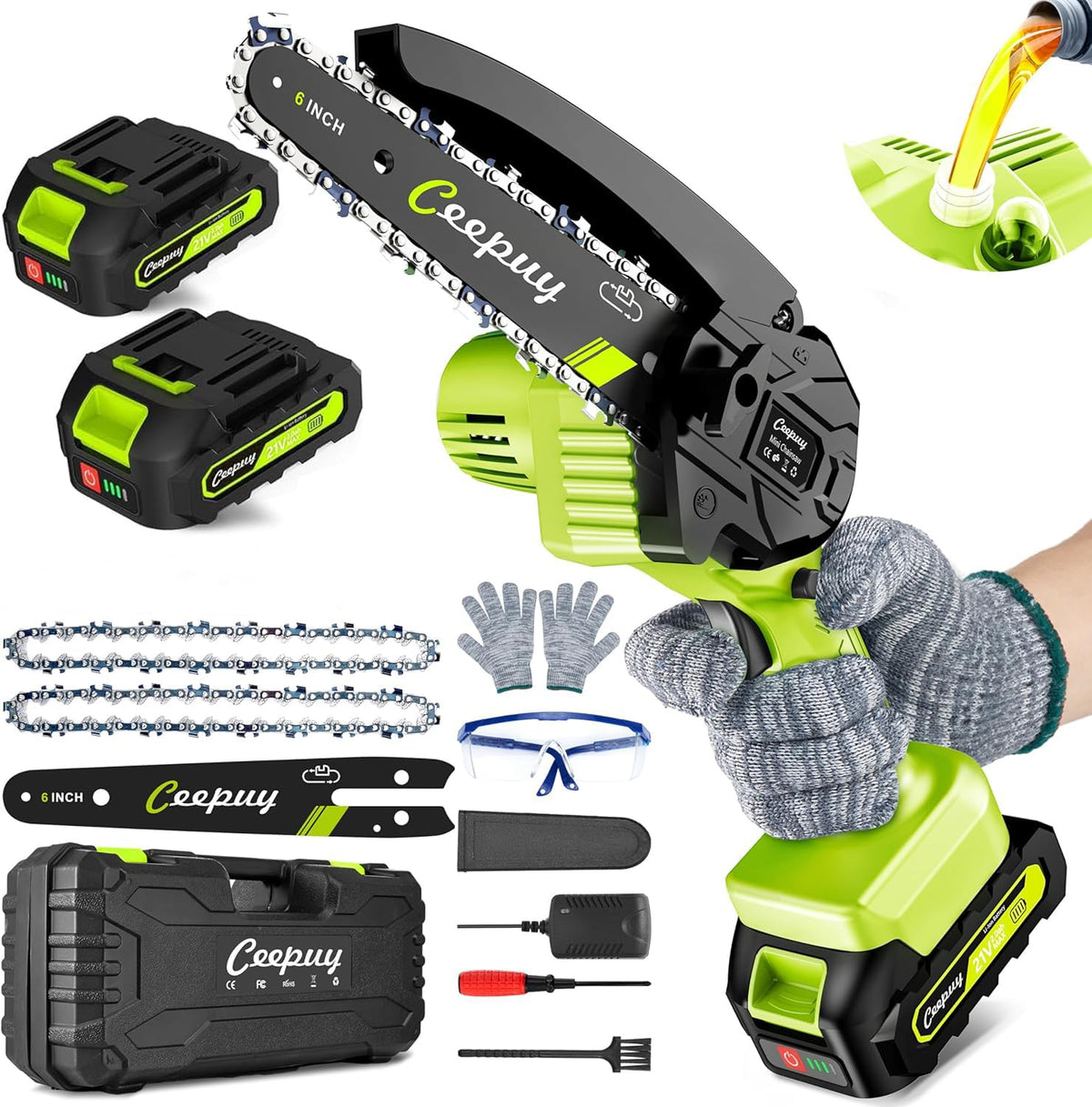 CEEPUY Mini Chainsaw cordless box front, easy storage and brand visibility.