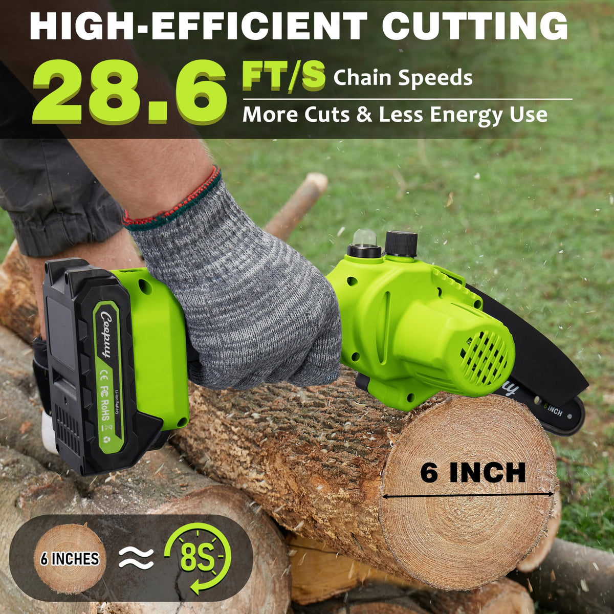 CEEPUY Mini Chainsaw in use cutting wood, fast, clean results.