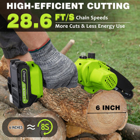 CEEPUY Mini Chainsaw in use cutting wood, fast, clean results.