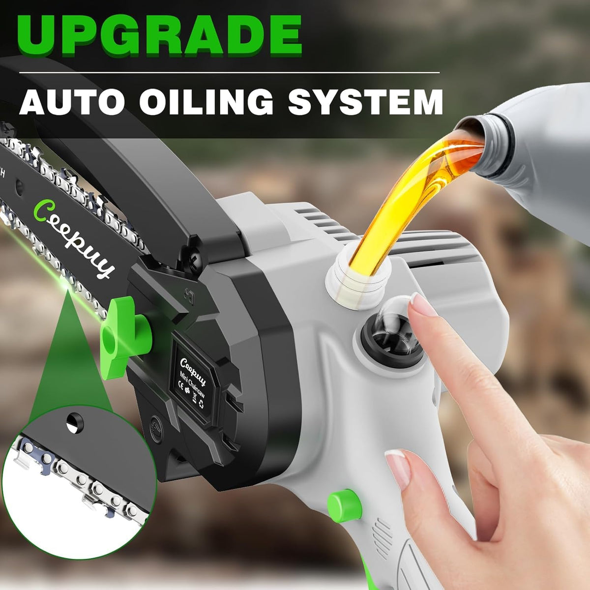 CEEPUY mini chainsaw lightweight portable design for one-handed use.