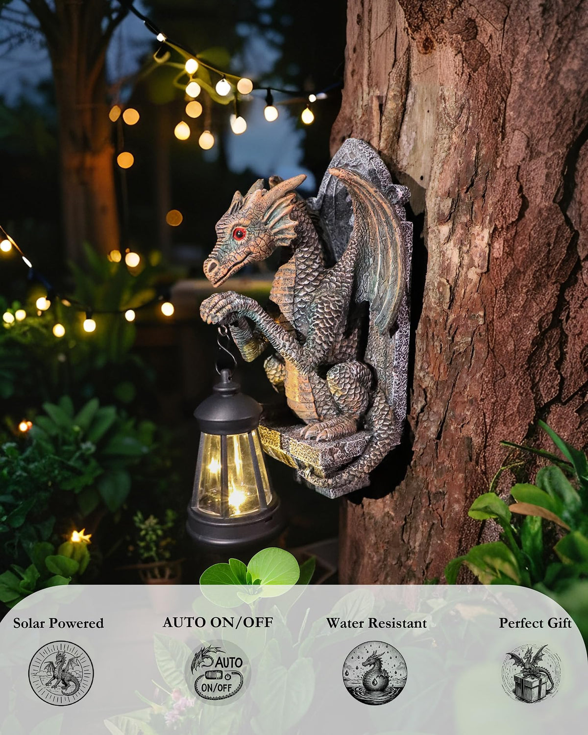 CeiooCei antique bronze dragon figurine provides outdoor lantern glow.
