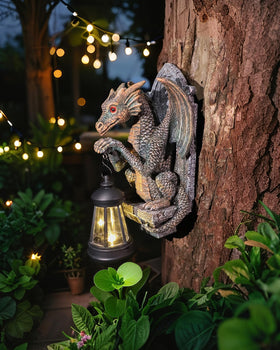 CeiooCei dragon sculpture at dusk emits ambient glow.