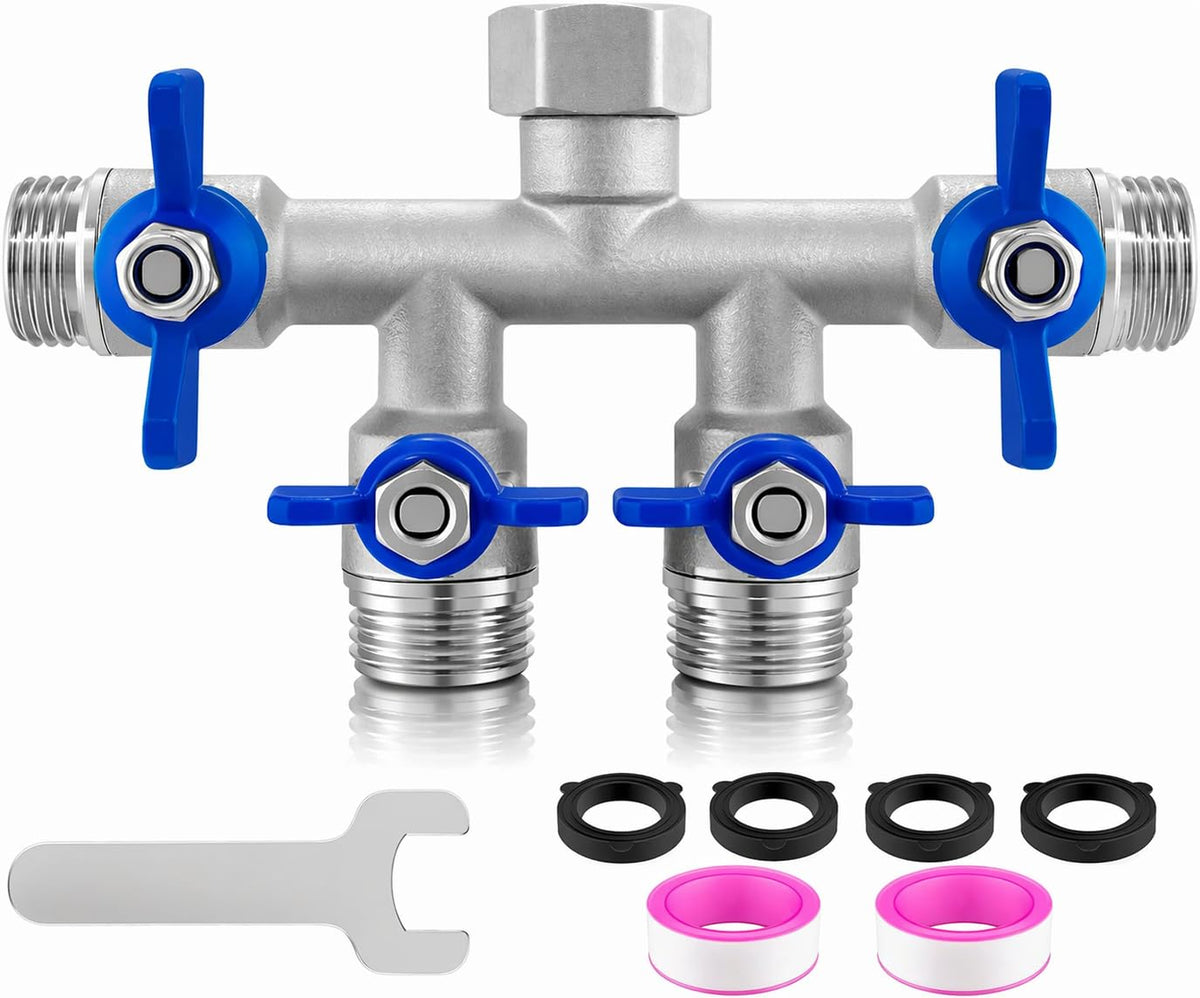 Cekwiet 4-way hose splitter with stainless steel body for durable garden use.