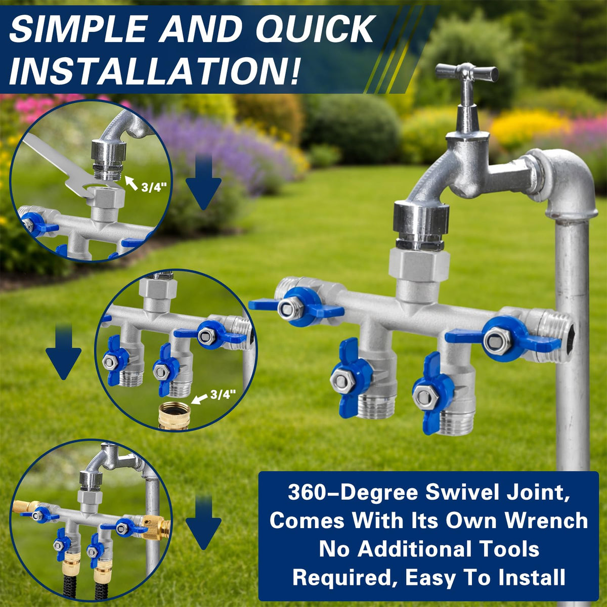 Universal 3/4-inch GHT connection fits standard outdoor faucets.