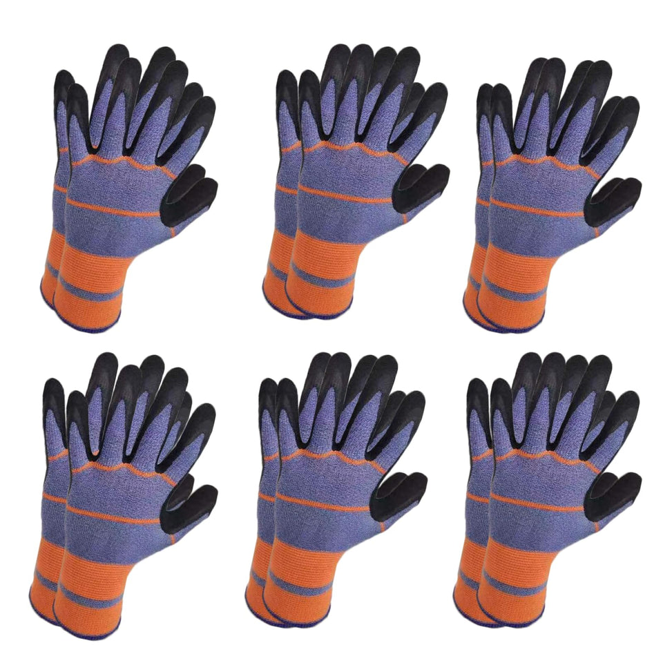 Celcoreery gloves six-pair pack – close-up shows breathable latex coating for grip.
